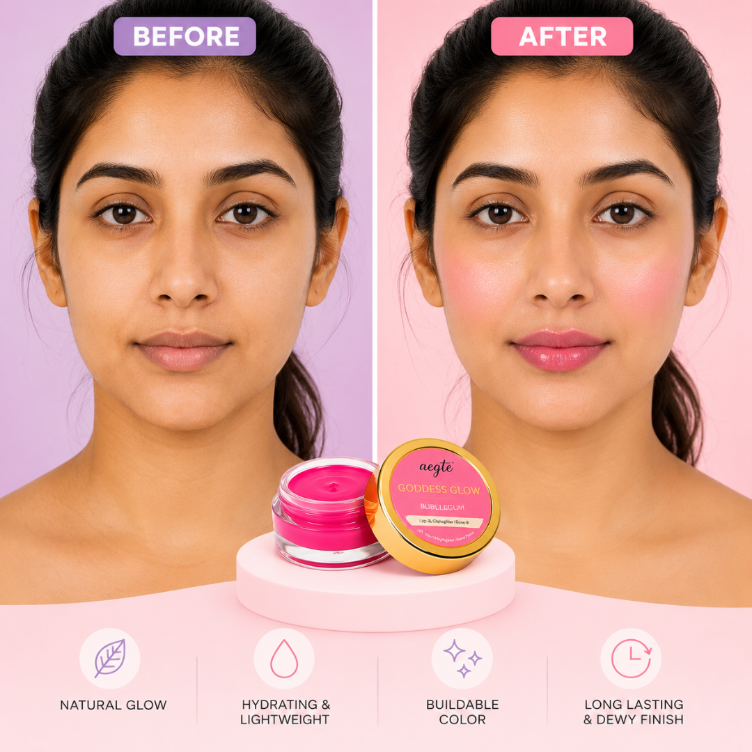 Aegte 4 in 1 Goddess Glow Bubblegum Lip & Cheek Tint Luminous Highlighter & Blusher with SPF 35++ Lightens Dark Lips Lab Certified