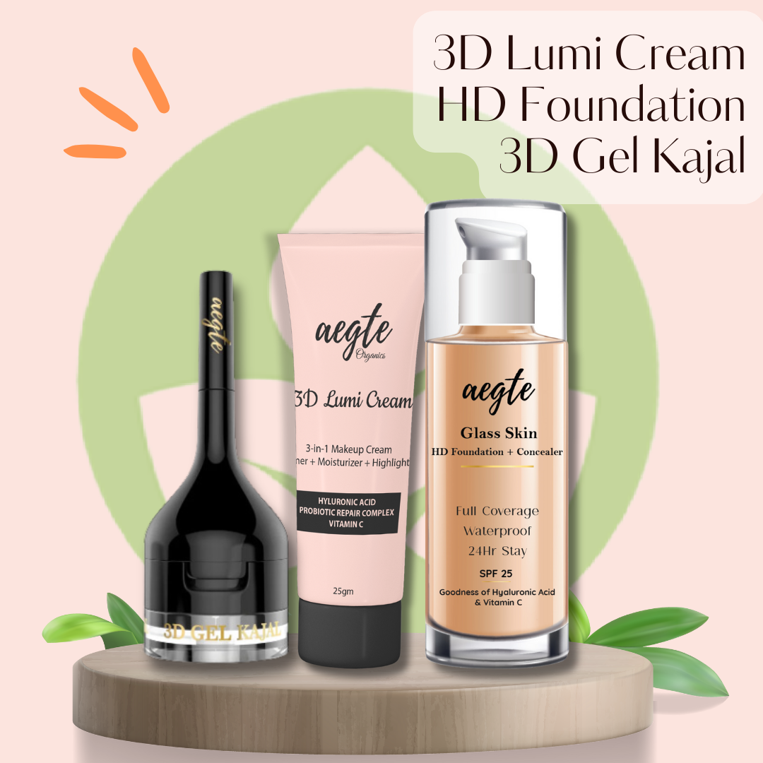 Aegte Combo of 3D Gel Kajal + 3D Lumi Strobe Cream + Glass Skin Liquid HD Foundation