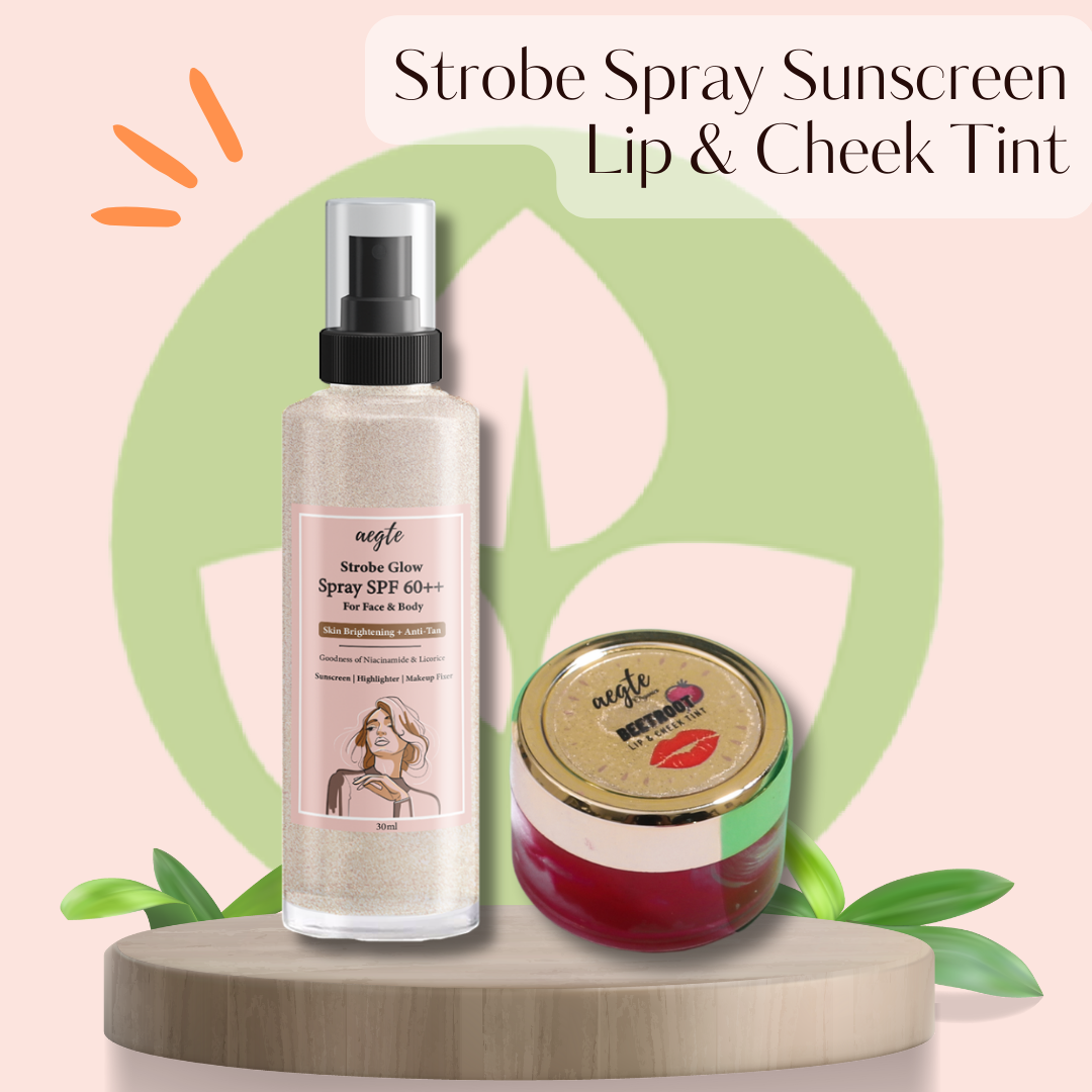 Aegte Organics Beetroot Lip and Cheek Tint Balm & 3 in 1 Strobe Glow Spray SPF 60+++ Sunscreen