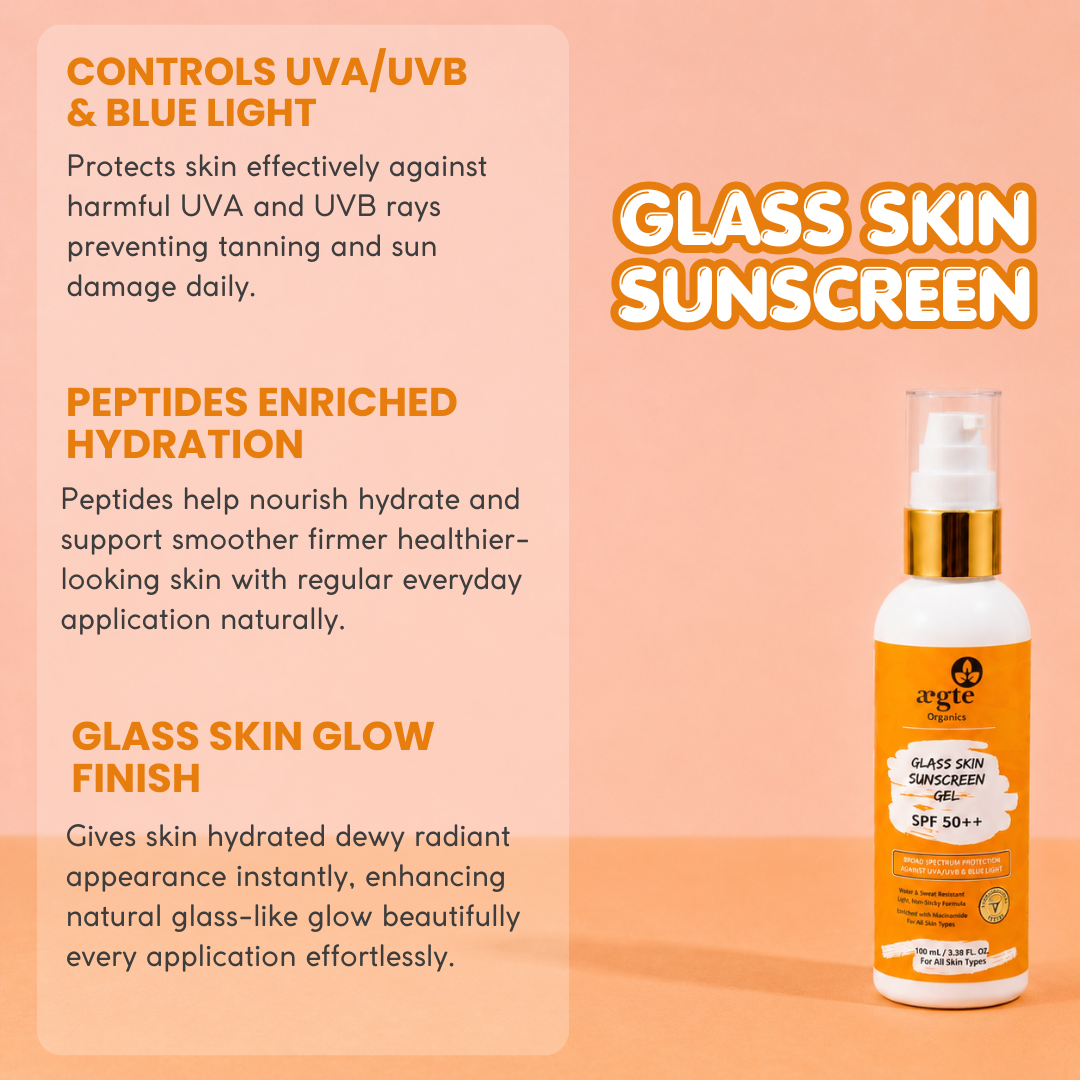 Aegte Glass Skin Broad Spectrum Sunscreen Gel SPF50++ with Peptides, Anti Blue Light & Anti Pollution formula - 100ML