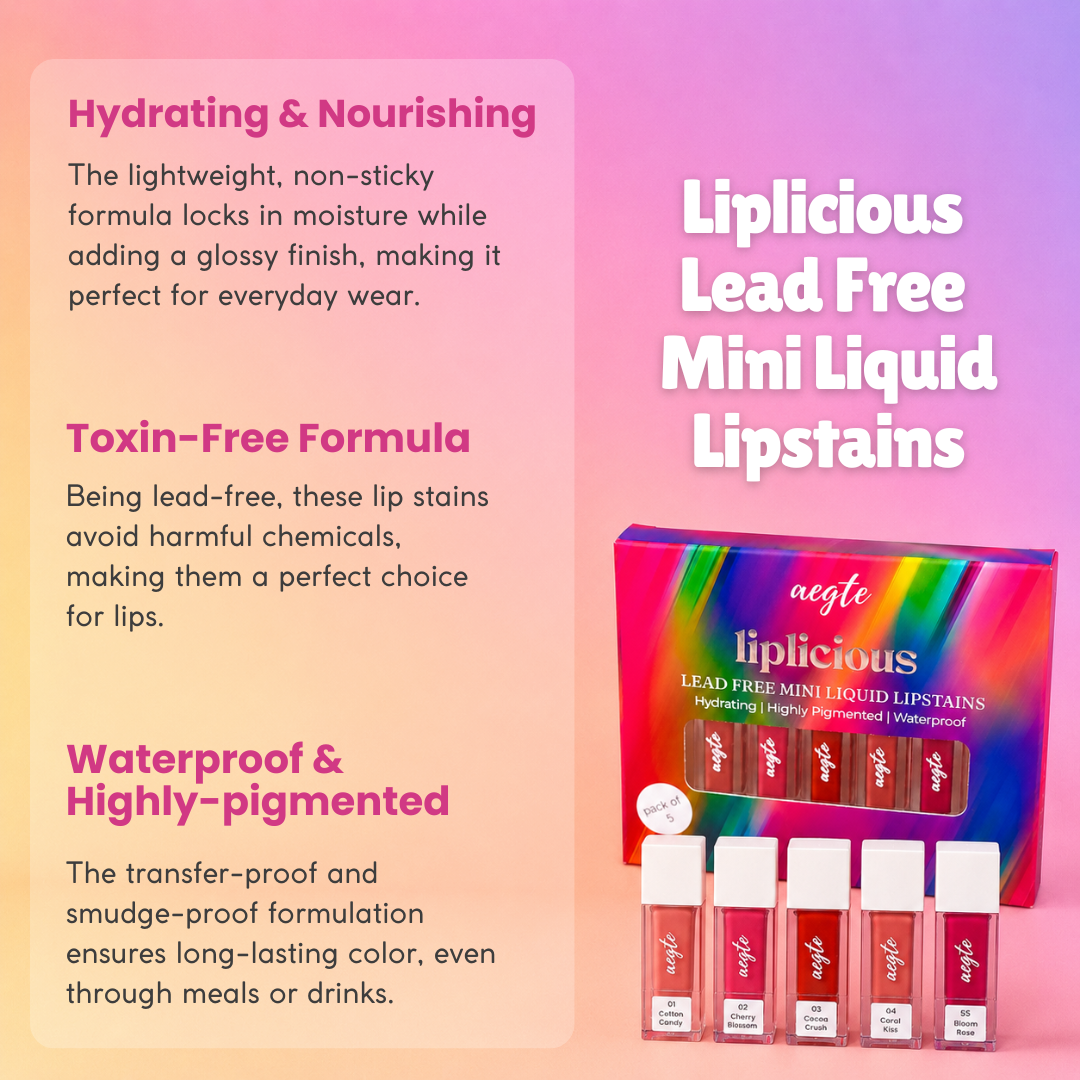 Liplicious Lead Free Mini Liquid Lipstains (Pack of 5) - 5 Shades (Cotton Candy, Cherry Blossom, Cocoa Crush, Coral Kiss & Bloom Rose)