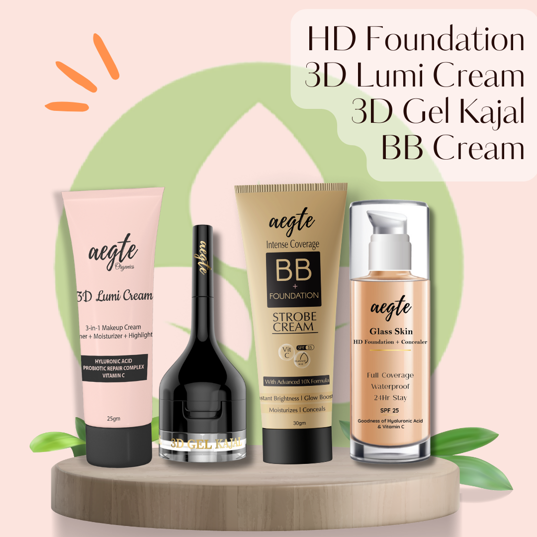 Aegte 3D Lumi Strobe Cream, Glass Skin Liquid HD Foundation, Lip and Cheek Tint & 3D Gel Kajal