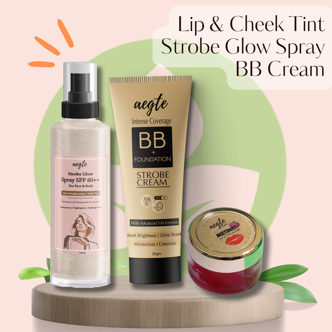 Aegte 3 in 1 Strobe Glow Spray SPF 60++, Intense Coverage BB + Foundation Strobe Cream & Organics Lip and Cheek Tint