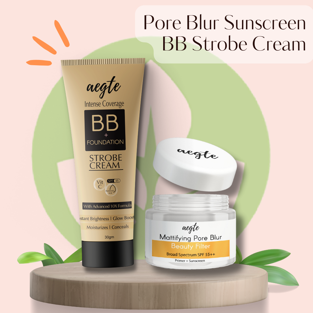 Aegte Intense Coverage BB + Foundation Strobe Cream & Mattifying Pore Blur Beauty Filter Primer + Sunscreen