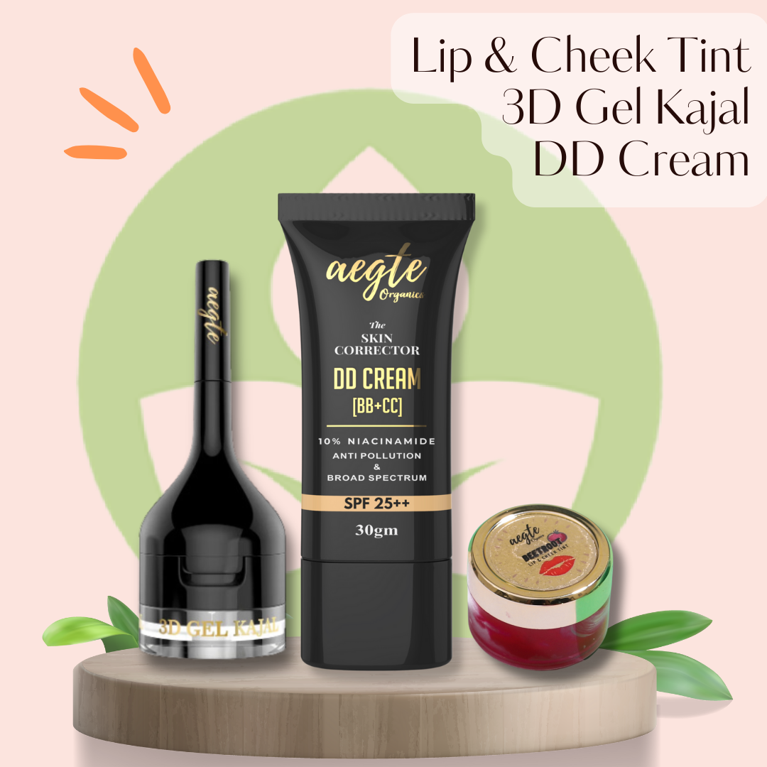 Aegte Skin Corrector DD Cream, Lip & Cheek Tint & 3D Gel Kajal