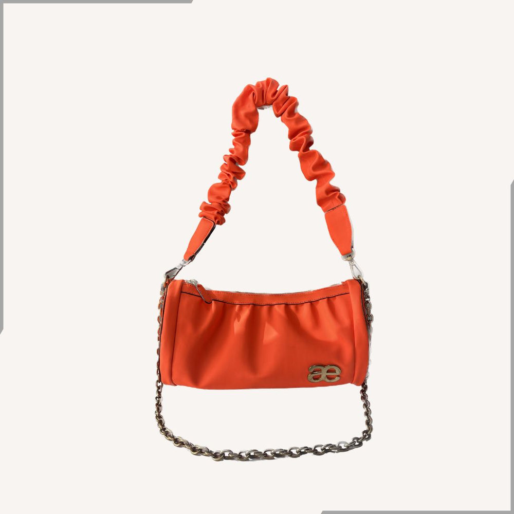 Aegte Pleated Duffle Bag with detachable Ruffled Handle and Long Chain Carry