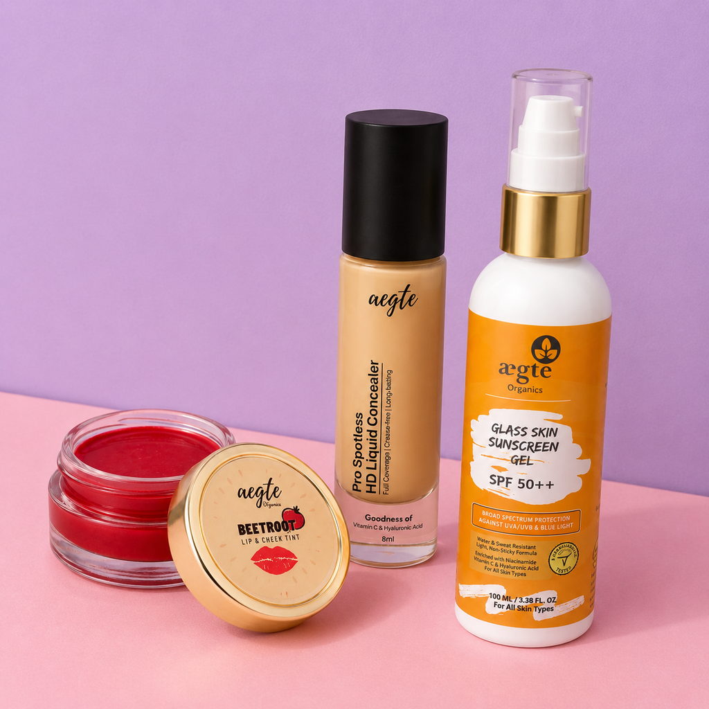 Aegte Organics Lip & Cheek Tint, Pro Spotless HD Liquid Full Coverage Concealer & Glass Skin Broad Spectrum Sunscreen Gel