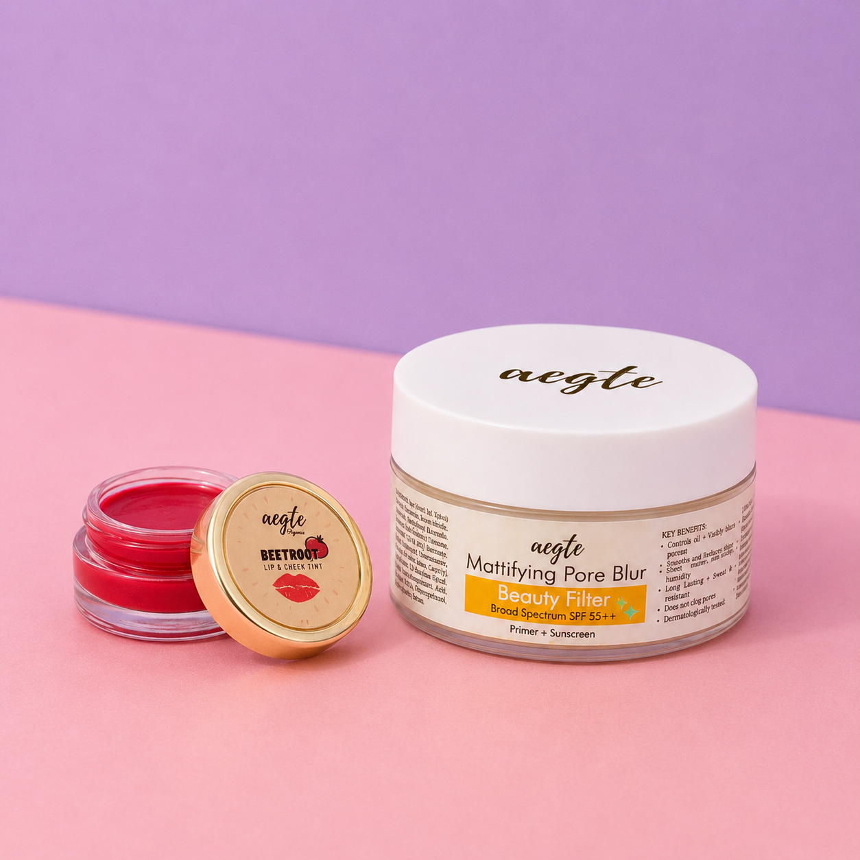 Aegte Lip and Cheek Tint Balm & Mattifying Pore Blur Beauty Filter Primer + Sunscreen with Broad Spectrum SPF 55++