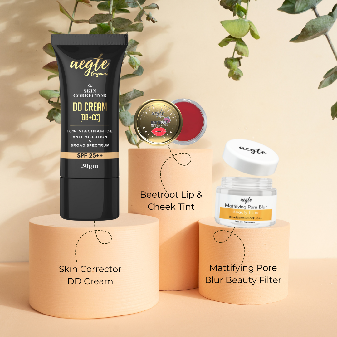 Aegte Mattifying Pore Blur Primer + Sunscreen, Skin Corrector DD Cream & Lip and Cheek Tint