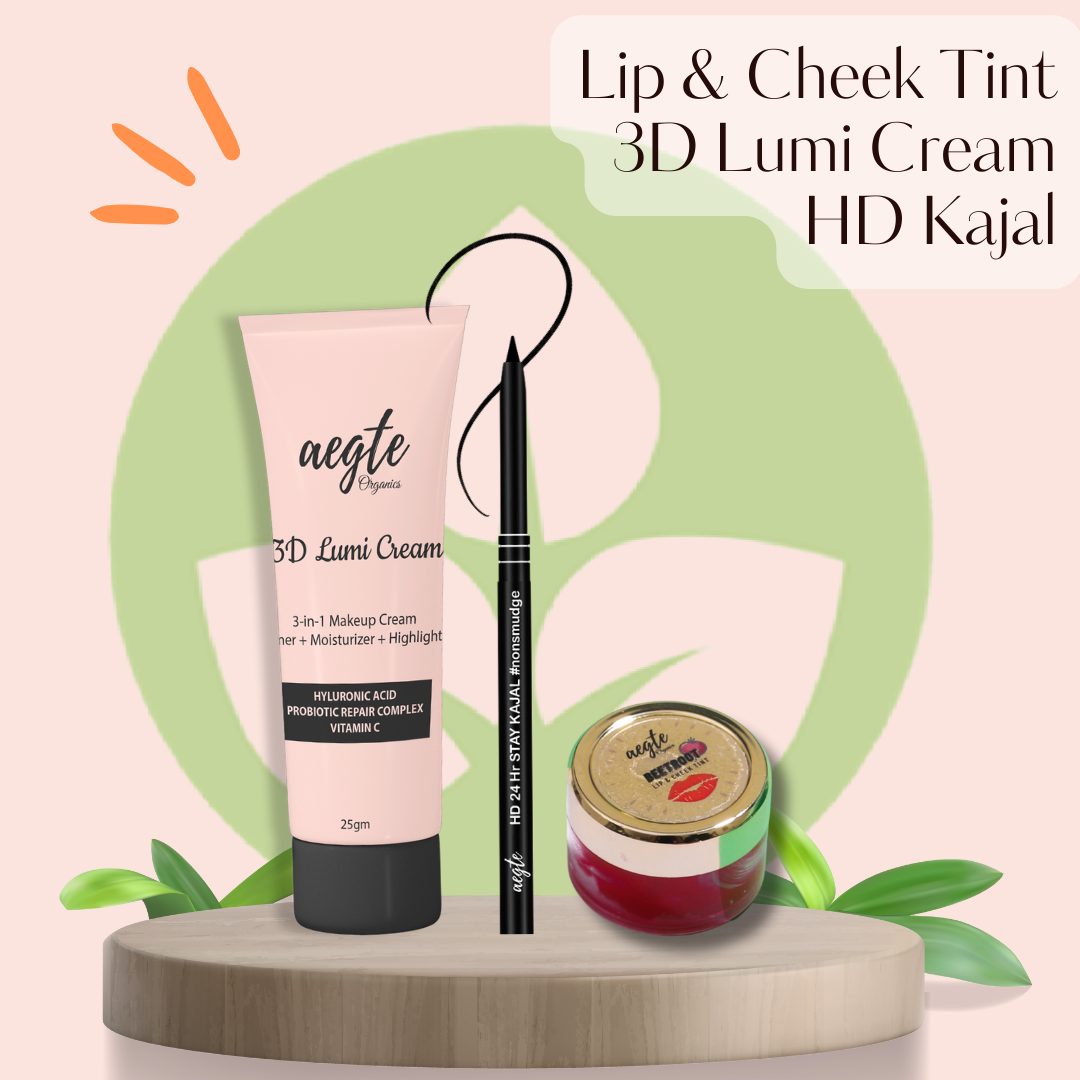 Aegte Combo of HD Kajal + Lip and Cheek Tint Balm + 3D Lumi Strobe Cream
