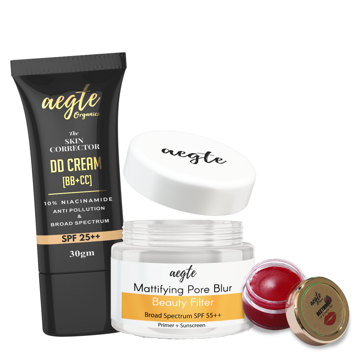 Aegte Mattifying Pore Blur Primer + Sunscreen, Skin Corrector DD Cream & Lip and Cheek Tint