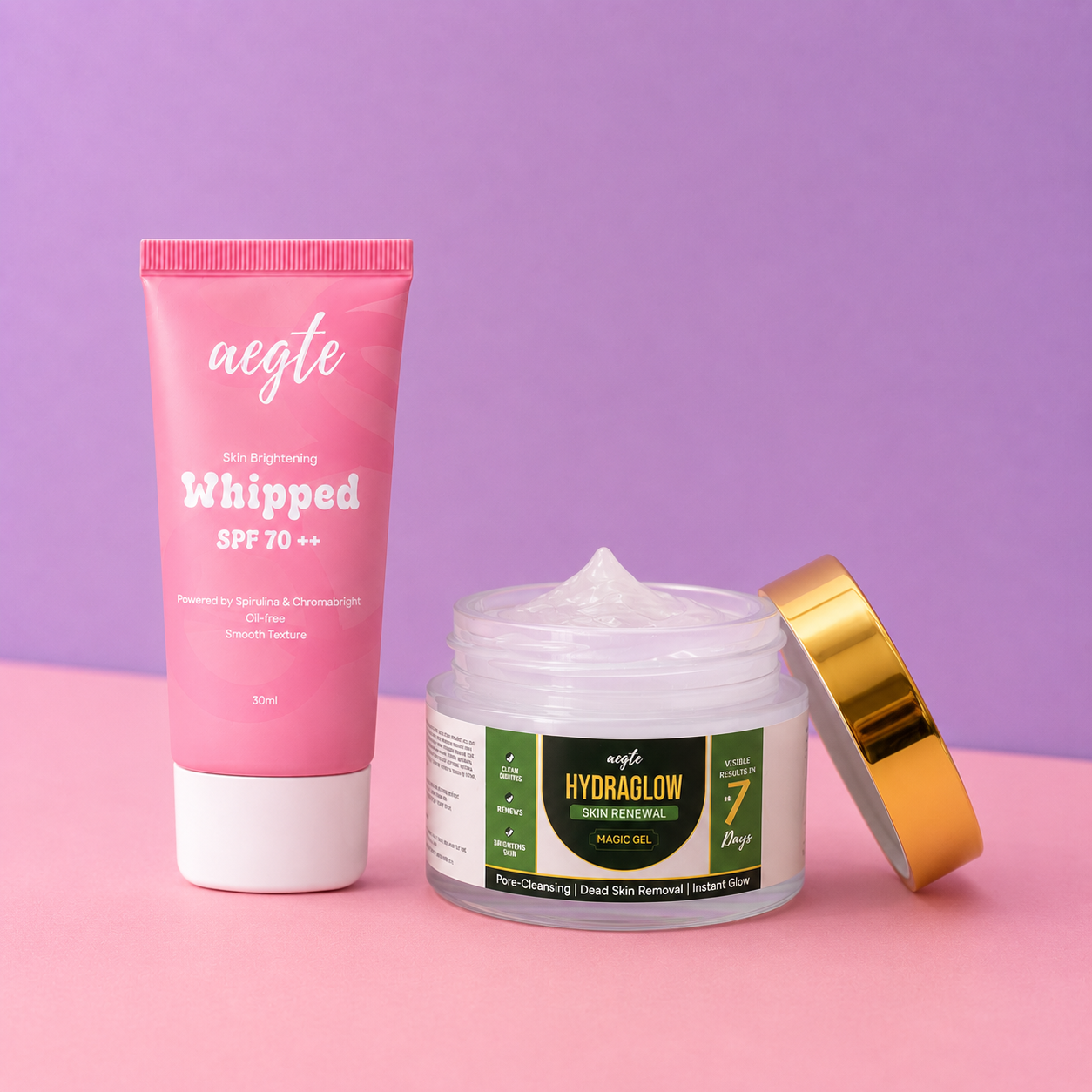 Aegte Korean Skin Brightening Whipped Mousse Sunscreen SPF 70++ & Hydraglow Skin Renewal Magic Gel