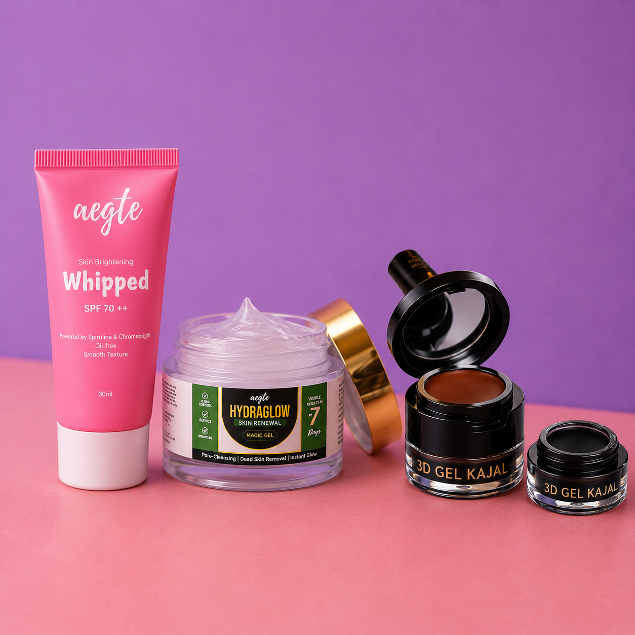 Aegte Korean Skin Brightening Whipped Mousse Sunscreen SPF 70++, Hydraglow Skin Renewal Magic Gel & 3D Gel Kajal (3 In 1 Kajal-Gel Eyeliner-Eyebrow Filler)
