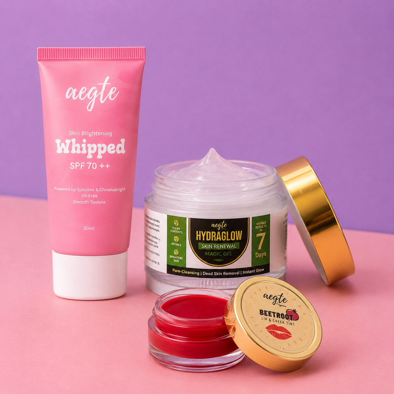 Aegte Korean Skin Brightening Whipped Mousse Sunscreen SPF 70++, Hydraglow Skin Renewal Magic Gel & Beetroot Lip and Cheek Tint Edible Balm