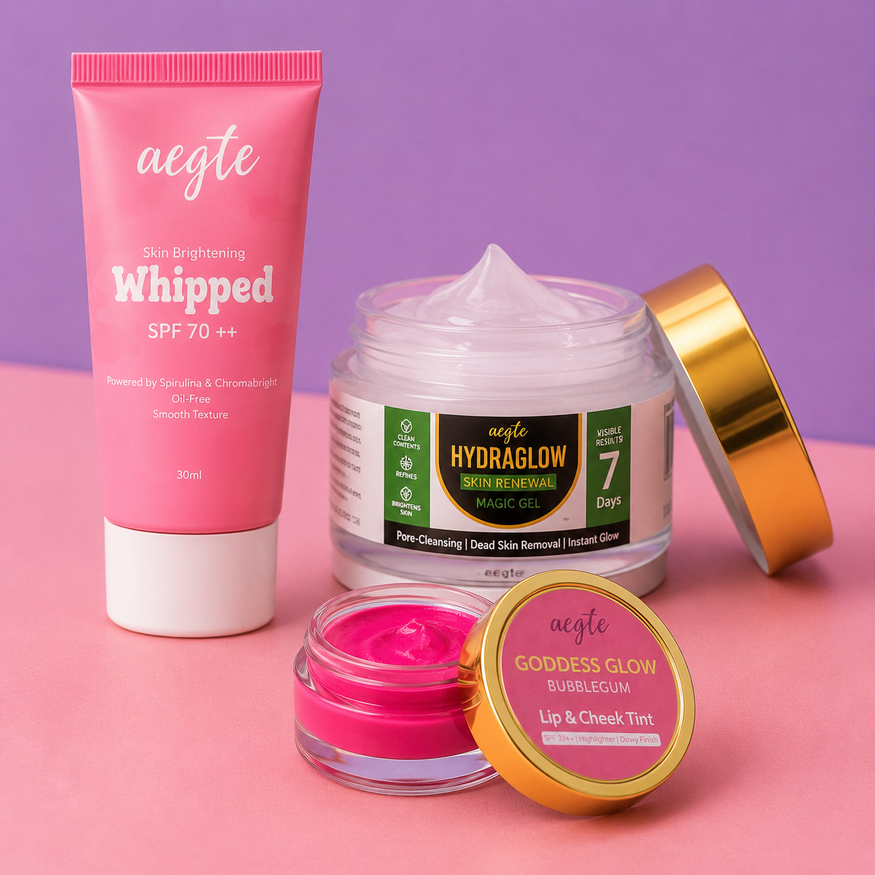 Aegte Korean Skin Brightening Whipped Mousse Sunscreen SPF 70++, Hydraglow Skin Renewal Magic Gel & Beetroot Lip and Cheek Tint Edible Balm