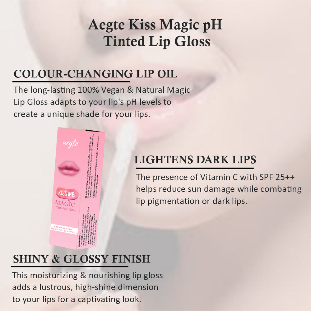 Aegte Kiss Me Magic pH Tinted Lip Gloss with SPF 25++, HD High Coverage Foundation + Concealer, #nonsmudge HD 24hr Stay Kajal & 3 in 1 Strobe Glow Spray SPF 60++