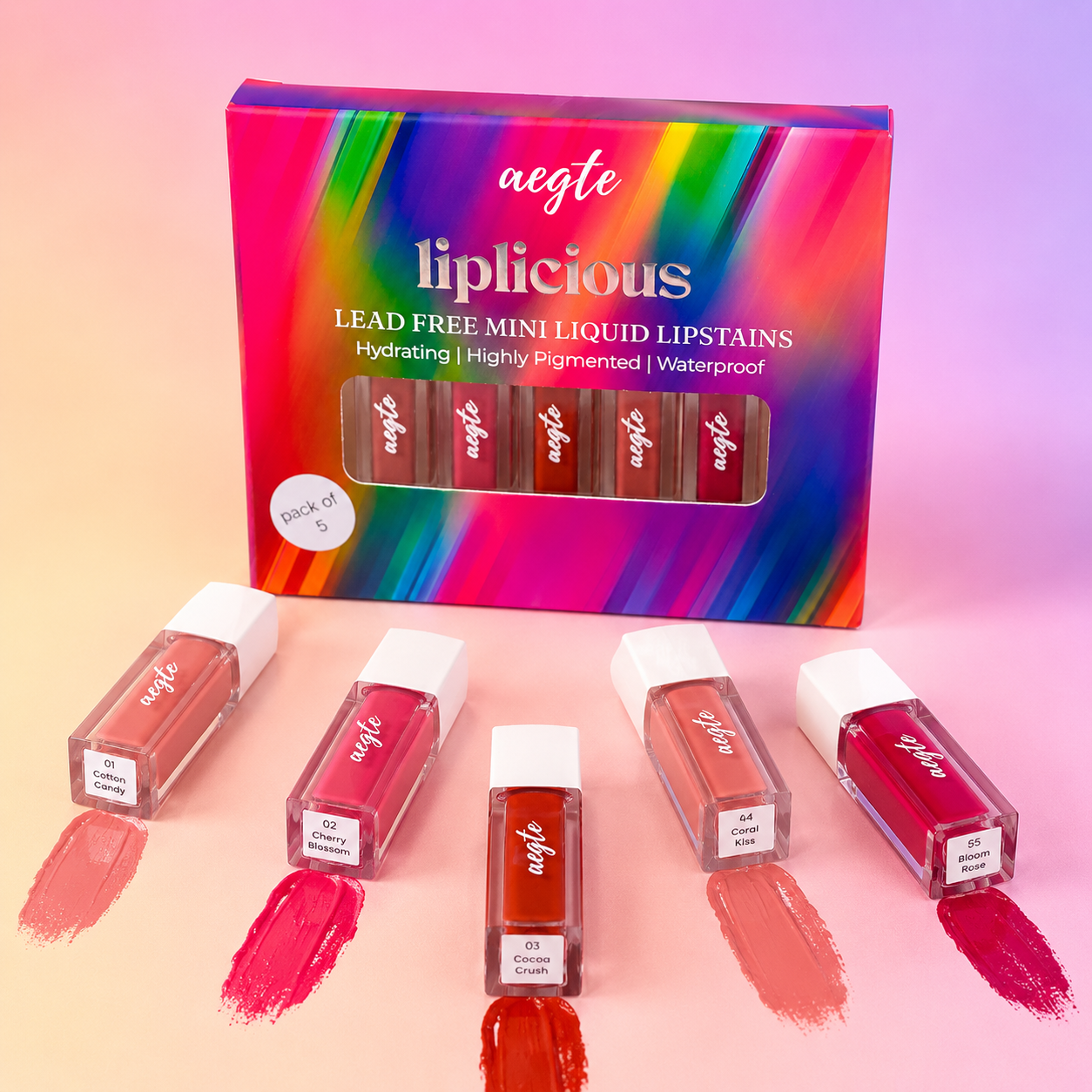 Liplicious Lead Free Mini Liquid Lipstains (Pack of 5) - 5 Shades (Cotton Candy, Cherry Blossom, Cocoa Crush, Coral Kiss & Bloom Rose)