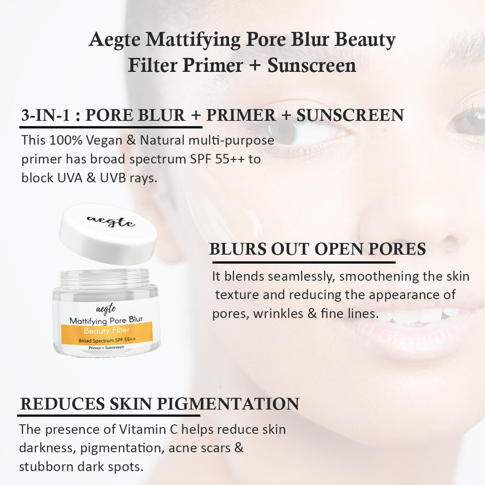 Aegte Lip and Cheek Tint Balm & Mattifying Pore Blur Beauty Filter Primer + Sunscreen with Broad Spectrum SPF 55++