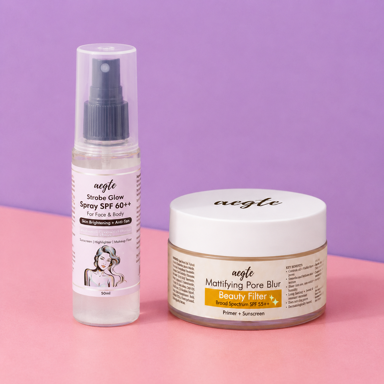 Aegte Mattifying Pore Blur Beauty Filter Primer + Sunscreen & 3 in 1 Strobe Glow Spray SPF 60++ Sunscreen