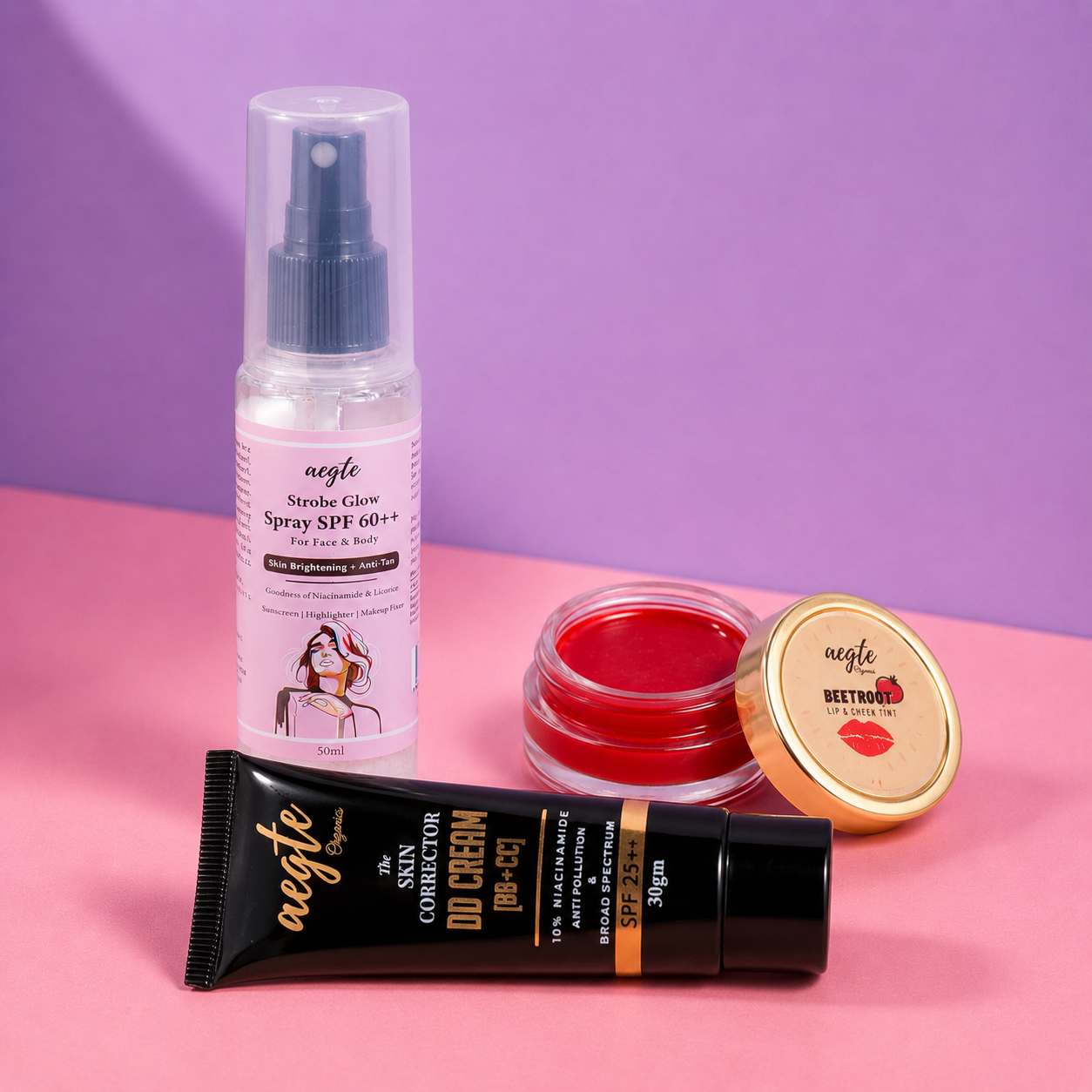 Aegte Organics Lip and Cheek Tint, Skin Corrector DD Cream & 3 in 1 Strobe Glow Spray SPF 60++