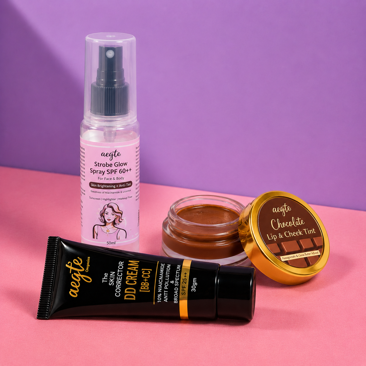 Aegte Organics Lip and Cheek Tint, Skin Corrector DD Cream & 3 in 1 Strobe Glow Spray SPF 60++