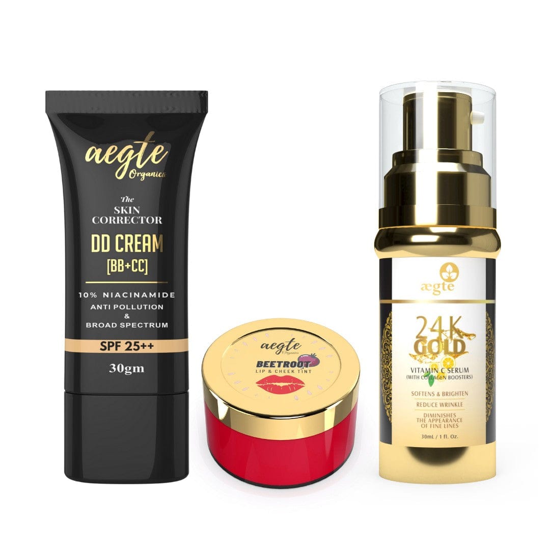 Aegte Skin Corrector DD Cream, Beetroot Lip & Cheek Tint & 24K Gold Vitamin C Serum Combo Pack Aegte (6857302900900)
