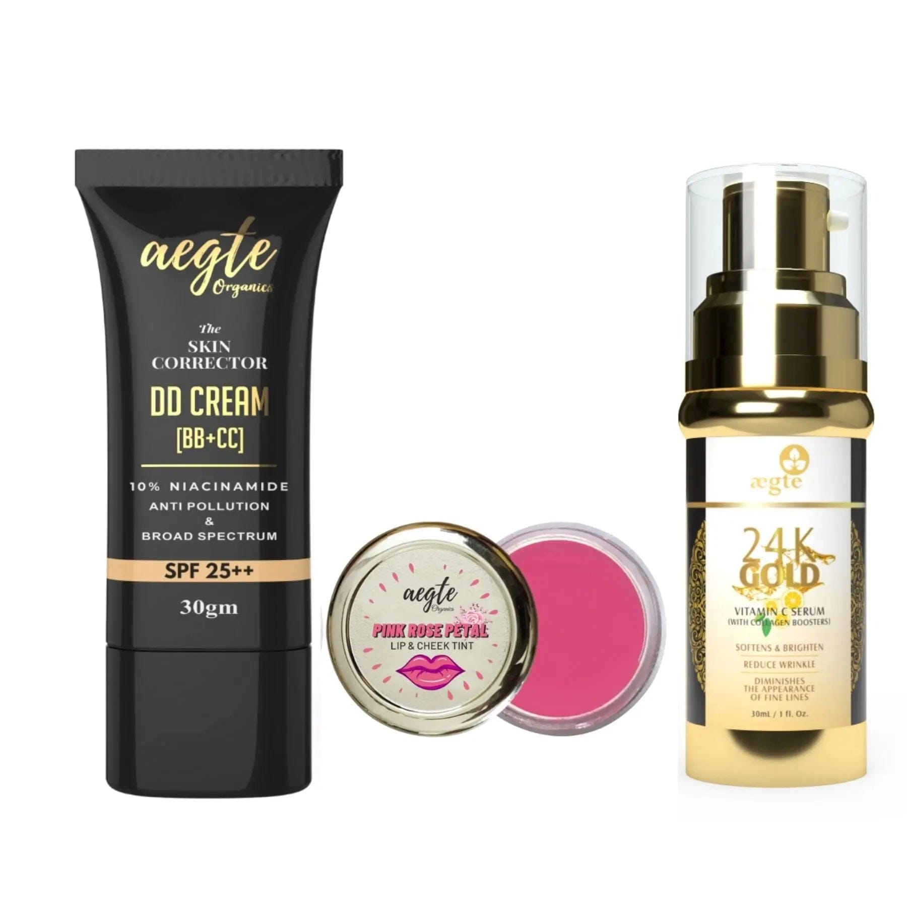 Aegte Skin Corrector DD Cream, Beetroot Lip & Cheek Tint & 24K Gold Vitamin C Serum Combo Pack Aegte (6857302900900)