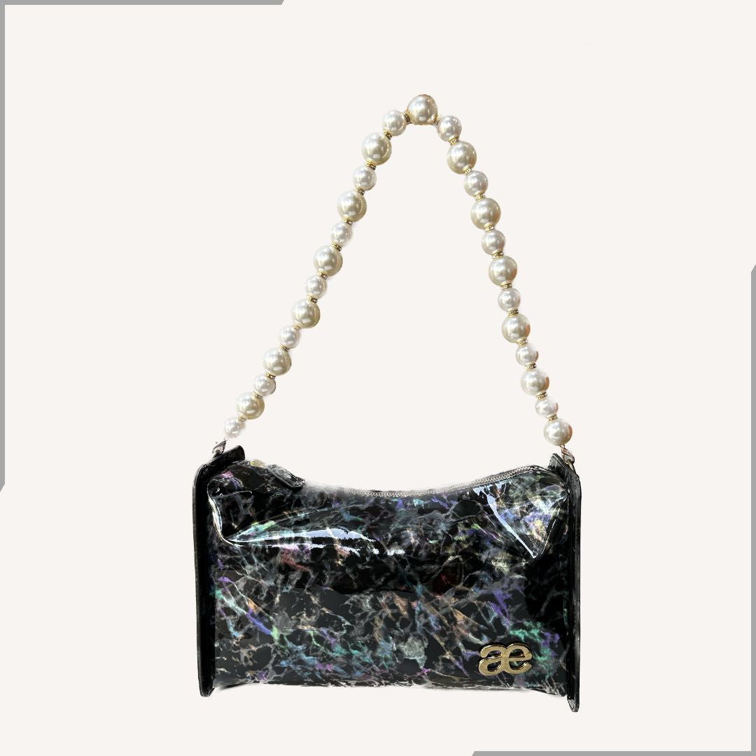 Aegte Fashionista Textured Black Pearl Chain Shoulder Tote Bag (7954005459157)