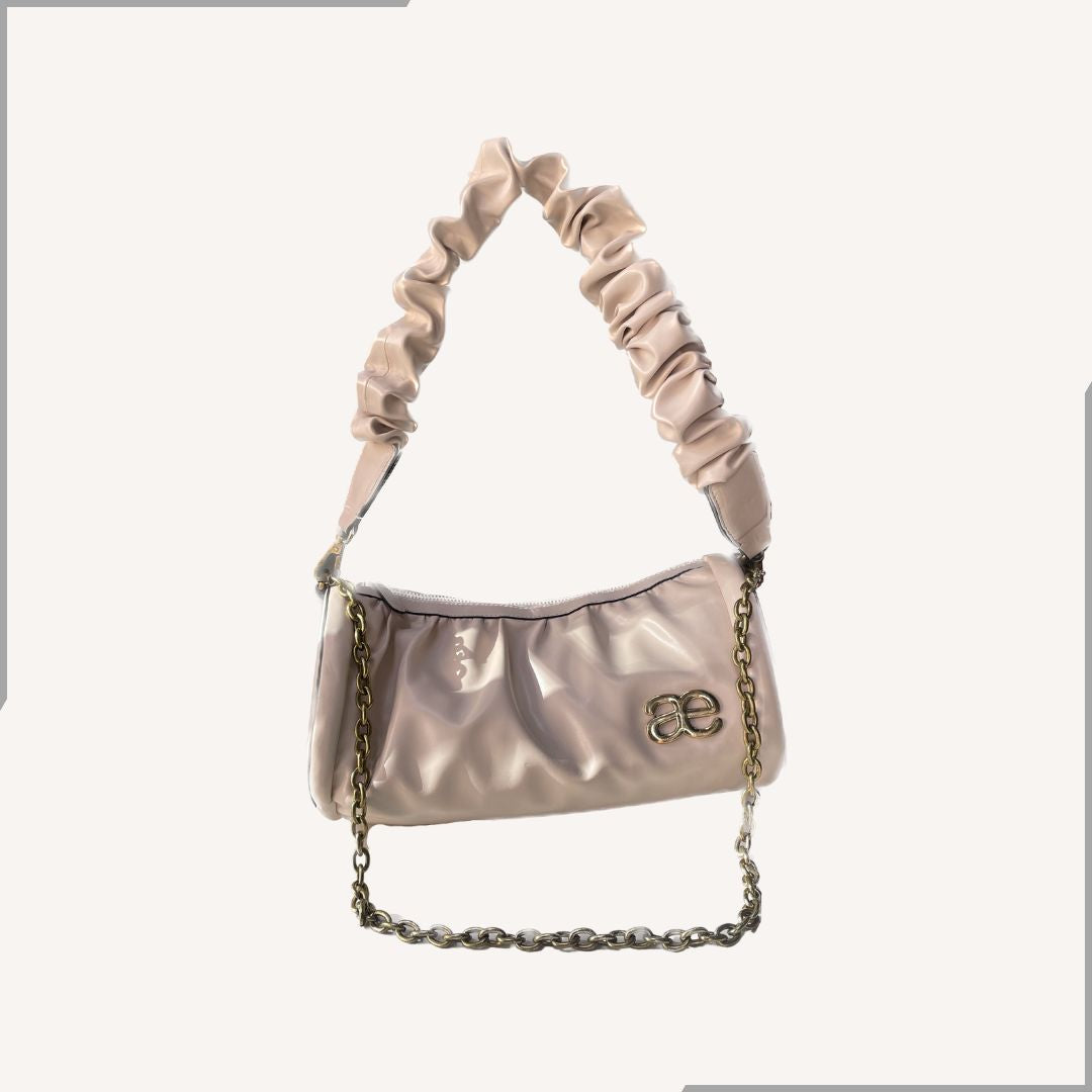 Aegte Ivory Cream Pleated Duffle Bag with detachable Ruffled Handle and Long Chain Carry (7954005688533)
