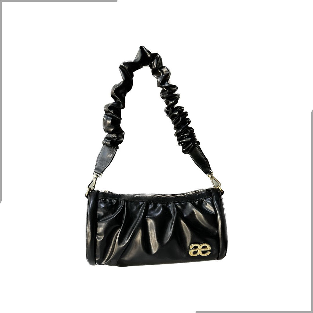Aegte Soft Black Pleated Duffle Bag with detachable Ruffled Handle and Long Chain Carry (7933337338069)
