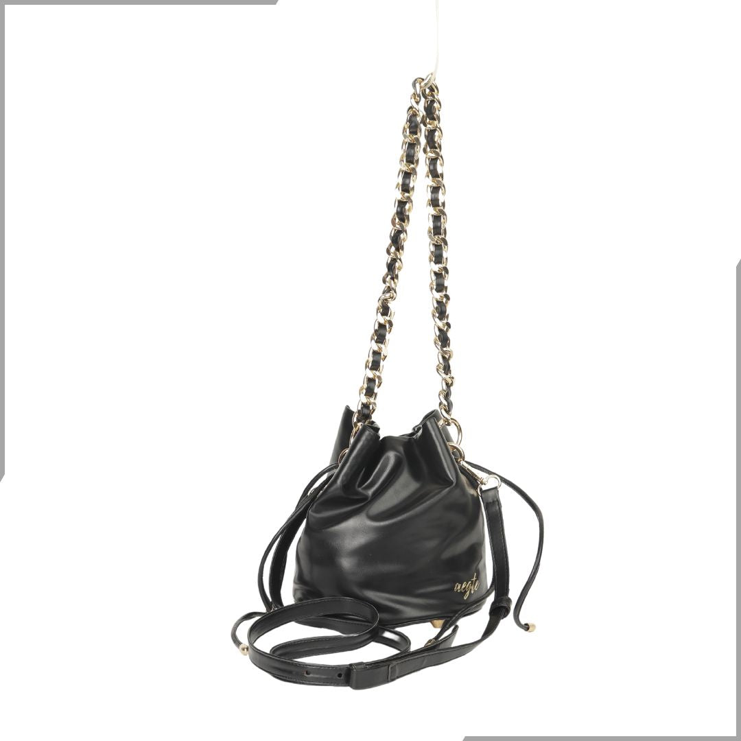 Aegte Soft Black Potli Round Bag with Golden Convertible Chain Strap & Long Sling Carry Belt (7870773985493)