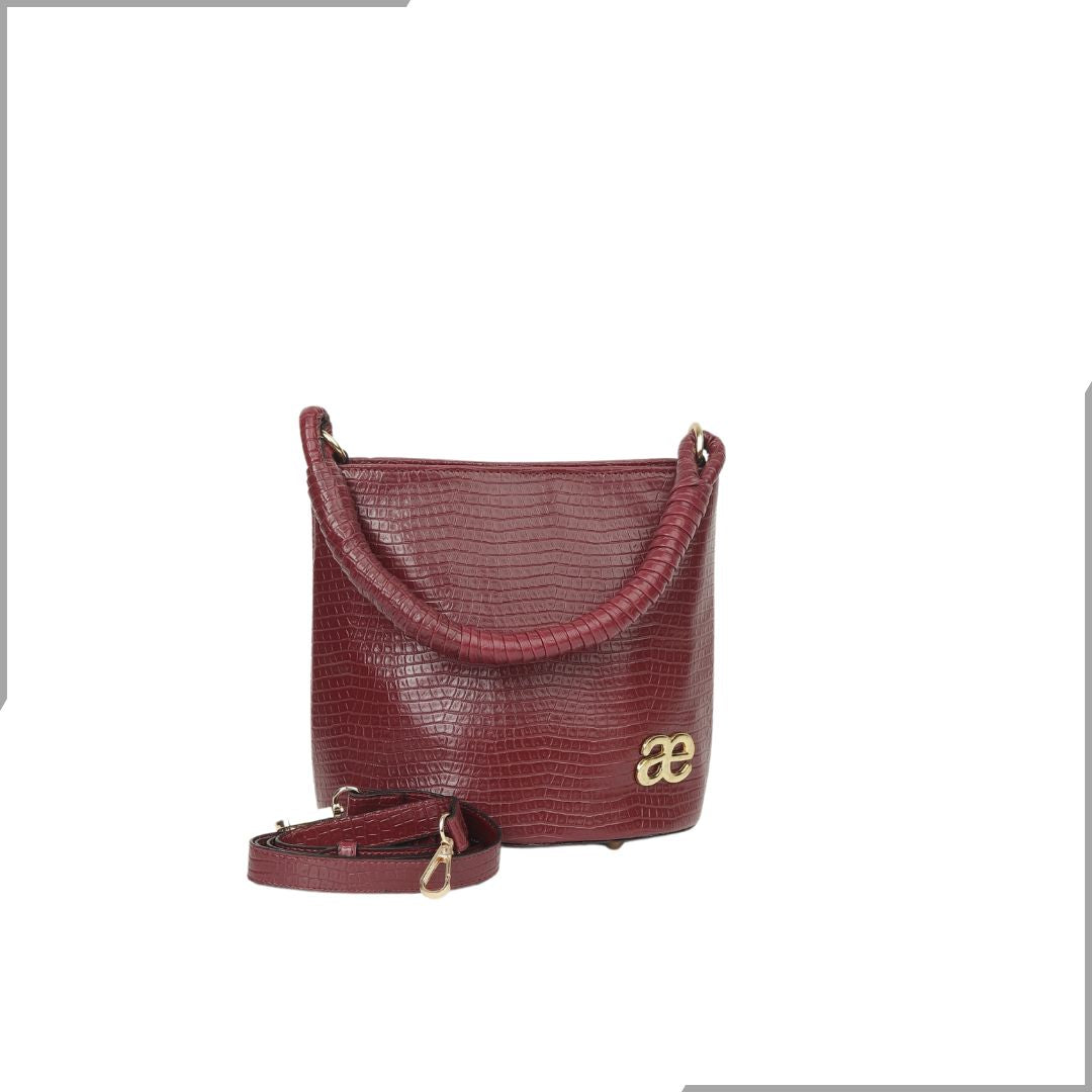 Aegte Croco Maroon Bucket Handbag with handwoven Cuff Hold & Long Sling Carry Belt (7870746329301)