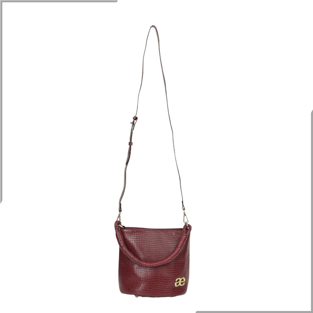 Aegte Croco Maroon Bucket Handbag with handwoven Cuff Hold & Long Sling Carry Belt (7870746329301)