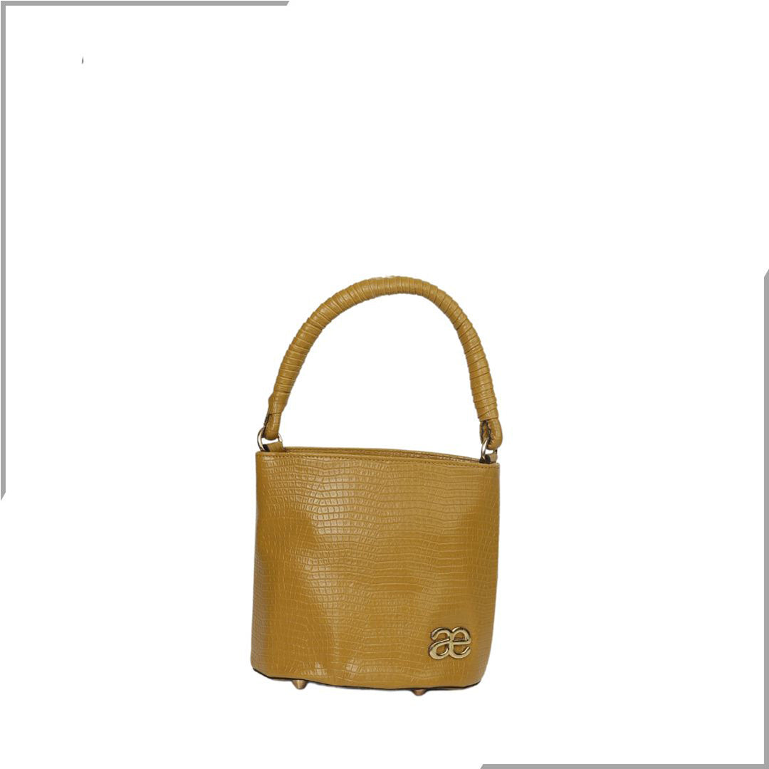 Aegte Croco Mustard Bucket Handbag with handwoven Cuff Hold & Long Sling Carry Belt (7880021606613)