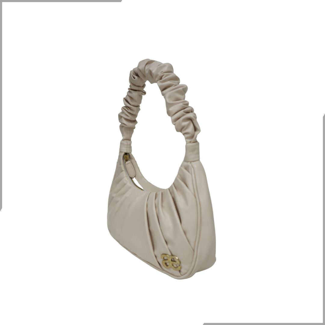 Aegte Ruffle Strap Silky Cream Shoulder Bag   Pleated Handbag (7870724145365)