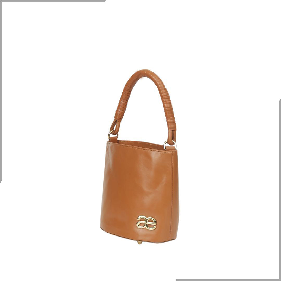 Aegte Tan Brown Bucket Handbag with handwoven Cuff Hold & Long Sling Carry Belt (7854101987541)