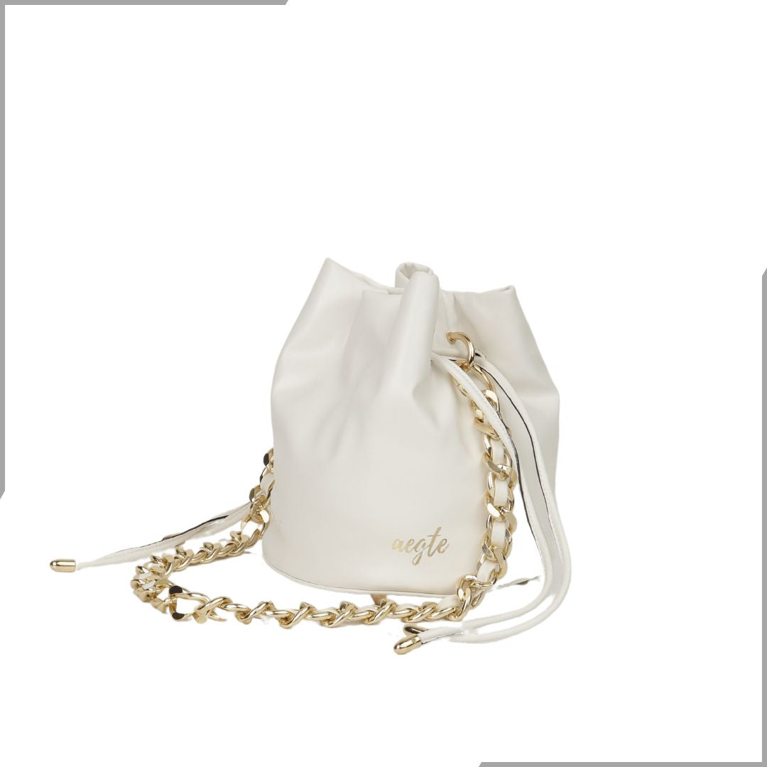 Aegte Feathery White Potli Round Bag with Golden Convertible Chain Strap & Long Sling Carry Belt (7794664866005)