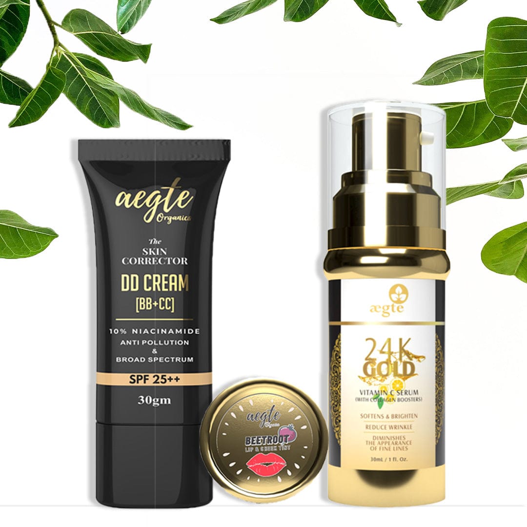 Aegte Skin Corrector DD Cream, Beetroot Lip & Cheek Tint & 24K Gold Vitamin C Serum Combo Pack (6857302900900)